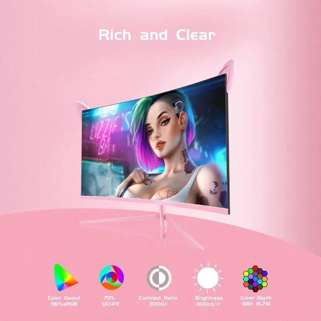 Alt view image 5 of 5 - FYHXele FY27QHP Pink Monitor 27 Inch Curved Gaming 165Hz - Support 144Hz 1800R 1ms QHD 2560 x 1440P VA Screen, Built-in Speakers, AMD Free-Sync, HDMI, DP, USB, AUX, Tilt Adjustable