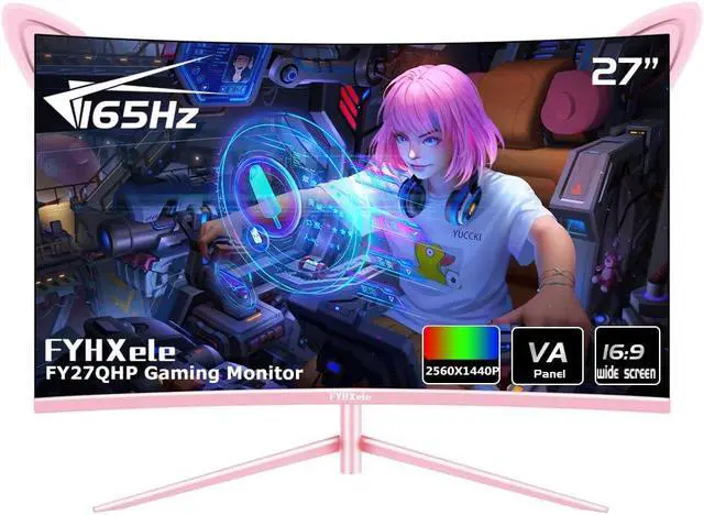Main image of FYHXele FY27QHP Pink Monitor 27 Inch Curved Gaming 165Hz - Support 144Hz 1800R 1ms QHD 2560 x 1440P VA Screen, Built-in Speakers, AMD Free-Sync, HDMI, DP, USB, AUX, Tilt Adjustable