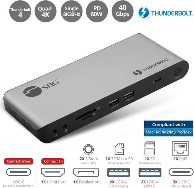 Alt view image 2 of 5 - SIIG Thunderbolt 4 Docking Station - Quad 4K / Single 8K, 60W PD, 3X TB4 40G (USB-C), 2X USB-A 5G, Gigabit Ethernet, Support Mac M1/M2/M3 Pro & Max & Windows (JU-DK0U11-S1)