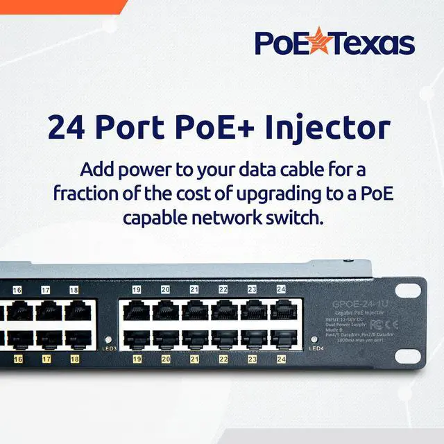 Alt view image 2 of 5 - PoE Texas 24 Multi Port PoE+ Injector with 48v 240w Power Supplies - 10/100/1000 Gigabit Passive Power Over Ethernet Means Versatility - 30W PoE Injector for WiFi Access Point, PTZ Camera, IP Phone