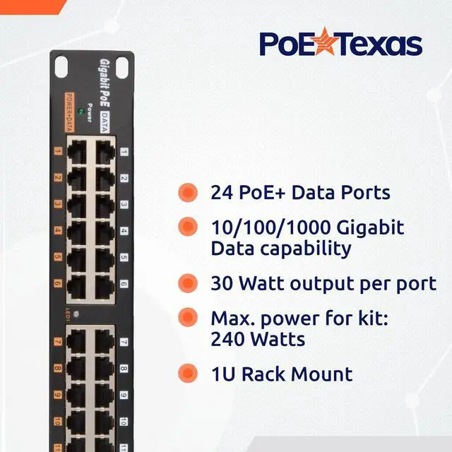 Alt view image 3 of 5 - PoE Texas 24 Multi Port PoE+ Injector with 48v 240w Power Supplies - 10/100/1000 Gigabit Passive Power Over Ethernet Means Versatility - 30W PoE Injector for WiFi Access Point, PTZ Camera, IP Phone