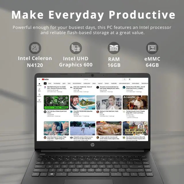 Alt view image 2 of 4 - HP Stream 14" HD BrightView Laptop, Intel Celeron N4120, 16GB RAM, 64GB SSD, Intel HD Graphics, 720p Webcam, 1 Year Office 365, Black, Win 11, 32GB Hotface USB Card