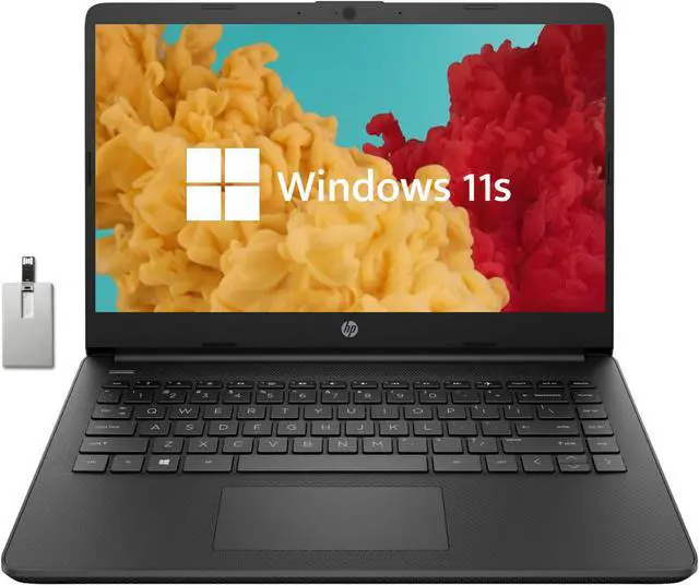 Main image of HP Stream 14" HD BrightView Laptop, Intel Celeron N4120, 16GB RAM, 64GB SSD, Intel HD Graphics, 720p Webcam, 1 Year Office 365, Black, Win 11, 32GB Hotface USB Card
