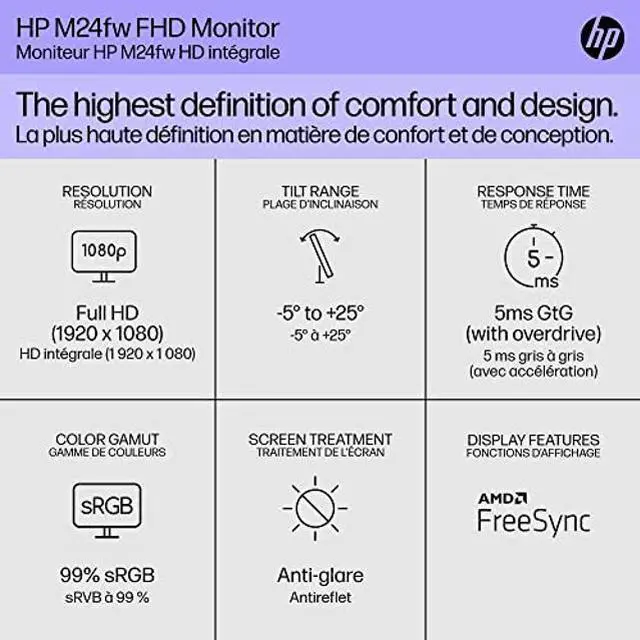 Alt view image 2 of 5 - HP 24-inch FHD Monitor with AMD FreeSync Technology (2021 Model, M24fw),Silver, 15.62"D x 21.09"W x 6.97"H