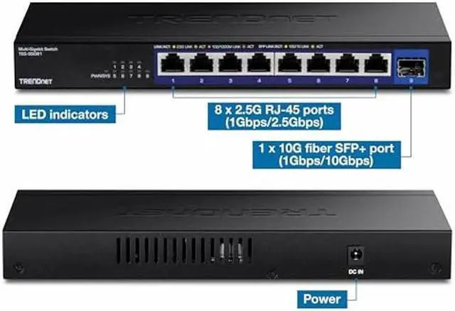 Alt view image 4 of 5 - TRENDnet 9-Port Unmanaged 2.5G Switch with 10G SFP+Port, TEG-S5091, 8 x 2.5GBASE-T Ports, 60Gbps SwitchingCapacity, Fanless, Wall Mountable,Lifetime Protection,Black