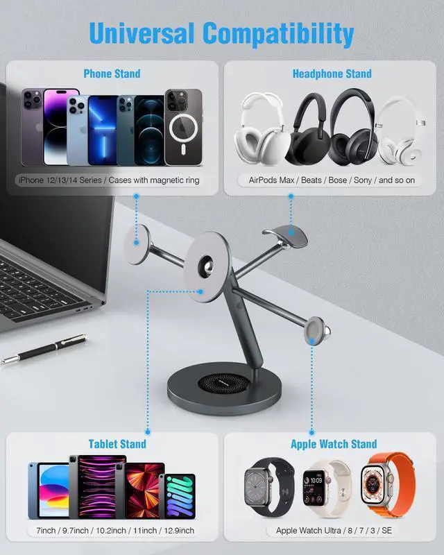 Alt view image 3 of 5 - Nillkin Tablet Stand with MagSafe Ring, 4 in 1 Magnetic Stand for Tablet/Phone/Apple Watch/Headphone, 360o Rotating, DIY at Will, Aluminum Cell Phone Stand, Tablet Stand for Desk, Supports 5-13 inch