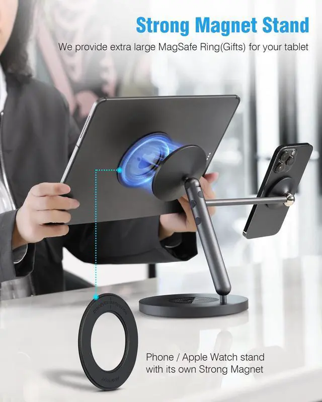Alt view image 4 of 5 - Nillkin Tablet Stand with MagSafe Ring, 4 in 1 Magnetic Stand for Tablet/Phone/Apple Watch/Headphone, 360o Rotating, DIY at Will, Aluminum Cell Phone Stand, Tablet Stand for Desk, Supports 5-13 inch