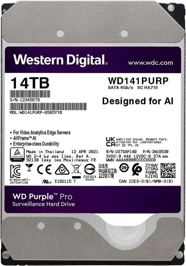 Alt view image 2 of 5 - Western Digital 14TB WD Purple Pro Surveillance Internal Hard Drive HDD - SATA 6 Gb/s, 512 MB Cache, 3.5" - WD141PURP