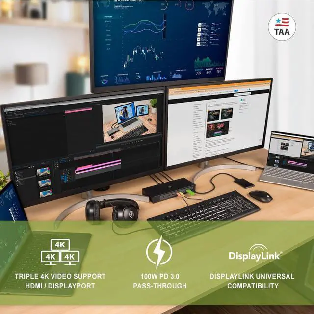 Alt view image 3 of 5 - IOGEAR Dock Pro Duo USB-C Docking Station, KVM, Triple View, 100W PD, 4K, HDMI, DP-Alt Mode, Displayport, USB-A Gen 2, USB-C Gen 2, Displaylink, TAA Compliant, Windows 10 11, Mac, GUD3CDHTAA