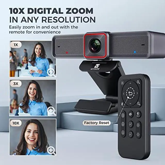 Alt view image 4 of 4 - Vitade 4K Webcam with AI-Powered Framing,Remote Control Web Camera/10X Digital Zoom 30fps cam USB 3.0 HDR/Dual Noise Cancelling Microphones for PC Mac, Streaming, Video Call, Zoom, Skype, Black