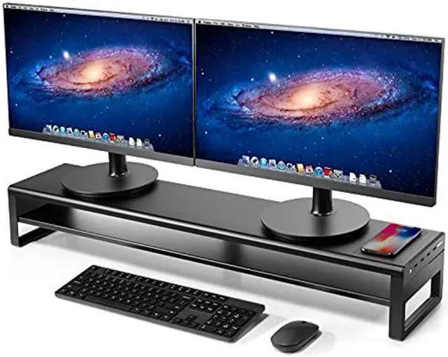 Main image of VAYDEER 2 Tiers Dual Monitor Stand Aluminum Monitor Riser with Wireless Charging and 4 USB 3.0 Hub Ports Metal Strong&Sturdy for PC Monitor Laptop Computer TV Printer Space Saving Desk Organizer