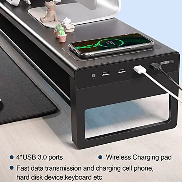 Alt view image 2 of 5 - VAYDEER 2 Tiers Dual Monitor Stand Aluminum Monitor Riser with Wireless Charging and 4 USB 3.0 Hub Ports Metal Strong&Sturdy for PC Monitor Laptop Computer TV Printer Space Saving Desk Organizer