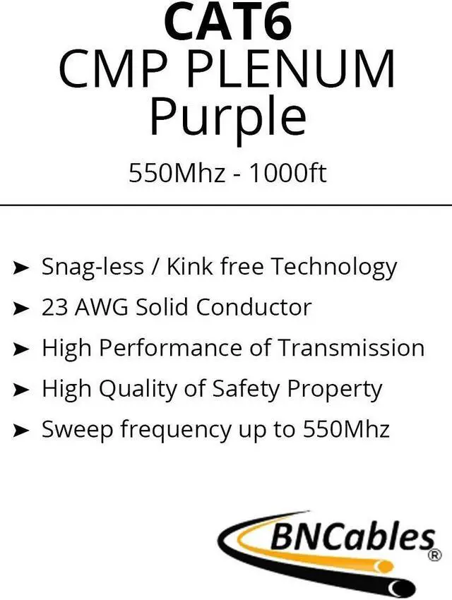 Alt view image 3 of 3 - BNCables 550MHZ CAT6 Plenum Cable 1000ft Blue, 23AWG 4Pair, Solid Network Cable Unshielded Twisted Pair (UTP), Available in Blue, White, Yellow, Gray, Purple, Green & Black (Purple)