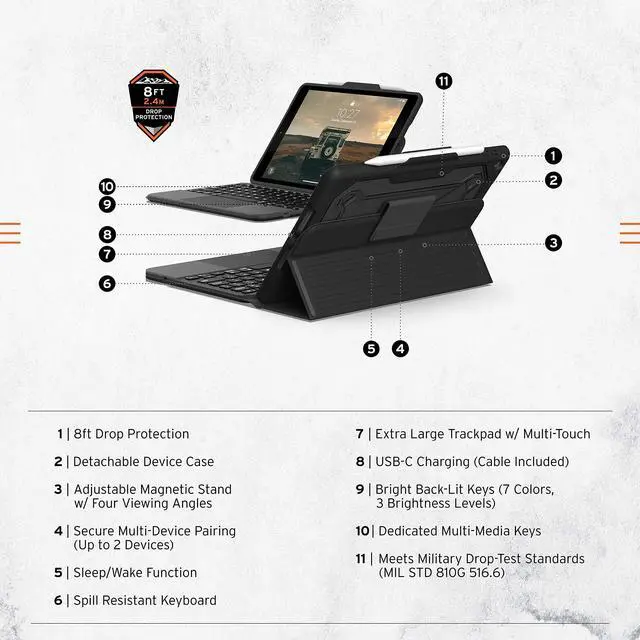 Alt view image 2 of 4 - URBAN ARMOR GEAR UAG Designed for iPad 10.2" 9th/8th/7th Gen Case with Detachable Keyboard Black/Ash English, Rugged Bluetooth Wireless Keyboard Multi-Touch Trackpad Backlit Keys Smart Cover Folio