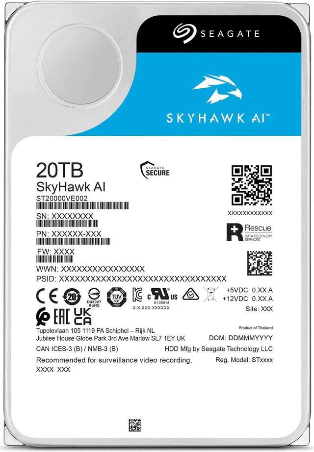 Alt view image 2 of 5 - Seagate Skyhawk AI 20TB Video Internal Hard Drive HDD - 3.5 Inch SATA 6Gb/s 256MB Cache for DVR NVR Security Camera System with in-House Rescue Services (ST20000VEZ02/002)