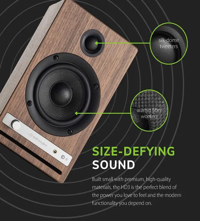 Alt view image 3 of 5 - Audioengine HD3 Home Music System - Wireless Speakers with Bluetooth - 60W Powered Computer and Desktop Speakers with aptX HD Bluetooth, AUX, USB, RCA, 24-bit DAC (Real Wood Walnut Veneer, Pair)
