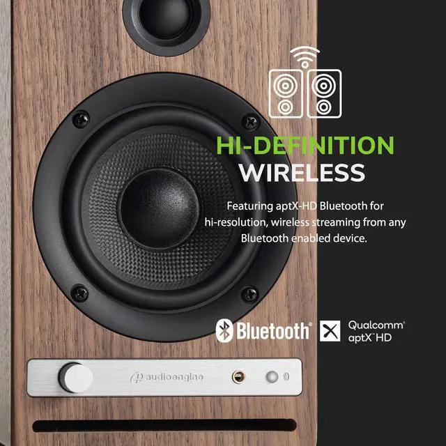 Alt view image 4 of 5 - Audioengine HD3 Home Music System - Wireless Speakers with Bluetooth - 60W Powered Computer and Desktop Speakers with aptX HD Bluetooth, AUX, USB, RCA, 24-bit DAC (Real Wood Walnut Veneer, Pair)