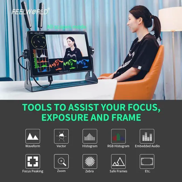 Alt view image 5 of 5 - FEELWORLD LUT11S 10.1 Inch 2000nit Ultra Bright Camera Field DSLR Monitor with Touchscreen Waveform LUT F970 Install and Power Kit HDMI SDI Input Output