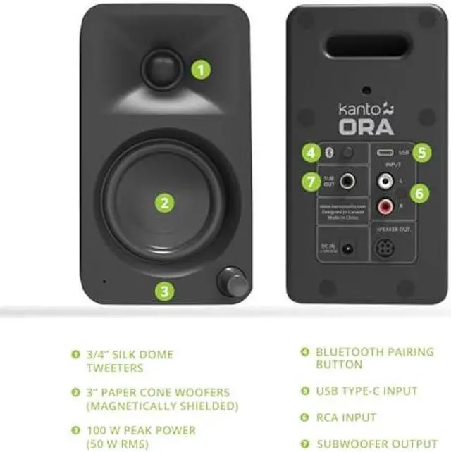 Alt view image 3 of 5 - Kanto ORAMB 100W Powered Reference Desktop Computer Speakers with Bluetooth 5.0 and USB-C Input | Bi-Amplified | 100 Hz Automatic Crossover | Reference Quality Sound | Pair | Black