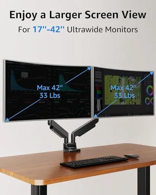 Alt view image 2 of 5 - MOUNTUP Dual Monitor Mount fits 17''-42'' Ultrawide Screen, Holds 6.6-33lbs + MOUNTUP Single Monitor Desk Mount, Adjustable Gas Spring Monitor Arm Support Max 32 Inch, 4.4-17.6lbs Screen