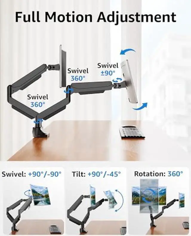 Alt view image 4 of 5 - MOUNTUP Dual Monitor Mount fits 17''-42'' Ultrawide Screen, Holds 6.6-33lbs + MOUNTUP Single Monitor Desk Mount, Adjustable Gas Spring Monitor Arm Support Max 32 Inch, 4.4-17.6lbs Screen
