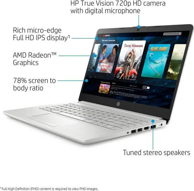 Alt view image 2 of 5 - HP 14" FHD Laptop, AMD Ryzen 3-3250U, 8GB RAM 1TB HDD + 512GB SSD, Ethernet, USB-A&C, Webcam, WiFi, Bluetooth, HDMI, Fast Charge Silver, Windows 11, ABYS Mouse Pad