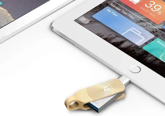 Alt view image 4 of 5 - ADAM elements iKlips Duo+ 128GB MFi Certified Premium Flash Drive Compatible with iPad, iPhone (128GB, Glamour Gold)