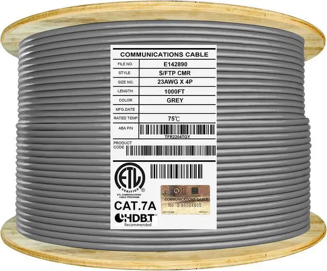 Main image of Elite CAT7A Shielded Riser (CMR), Ethernet Cable 1000ft Reel, Shielded Foil Twisted Pair (S/FTP) 23AWG, Solid Pure Bare Copper, 1000MHz, UL Certified, Easy Pull, Bulk Networking Cable - Grey