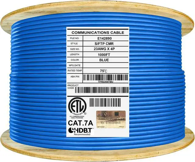 Main image of Elite CAT7A Shielded Riser (CMR), Ethernet Cable 1000ft Reel, Shielded Foil Twisted Pair (S/FTP) 23AWG, Solid Pure Bare Copper, 1000MHz, UL Certified, Easy Pull, Bulk Networking Cable - Blue