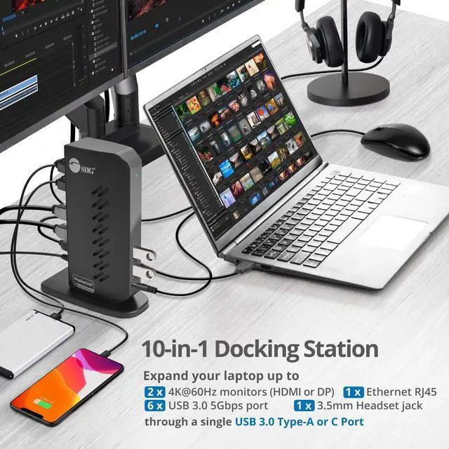 Alt view image 4 of 5 - SIIG USB-C and USB 3.0 Universal Laptop Docking Station - for M1/M2/M3 Pro&Max MacBook&Windows, Dual 4K Monitor DisplayPort + HDMI, 6X USB 5G, Ethernet, 3.5mm Headset, Vertical Design (JU-DK0H11-S1)