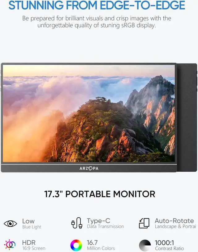 Alt view image 3 of 5 - ARZOPA Portable Monitor 17.3 Inch, 1080P FHD HDR IPS Kickstand Laptop Computer Monitor HDMI USB C External Screen with Dual Speakers for PC Mac Phone Xbox Switch PS5 -A1M