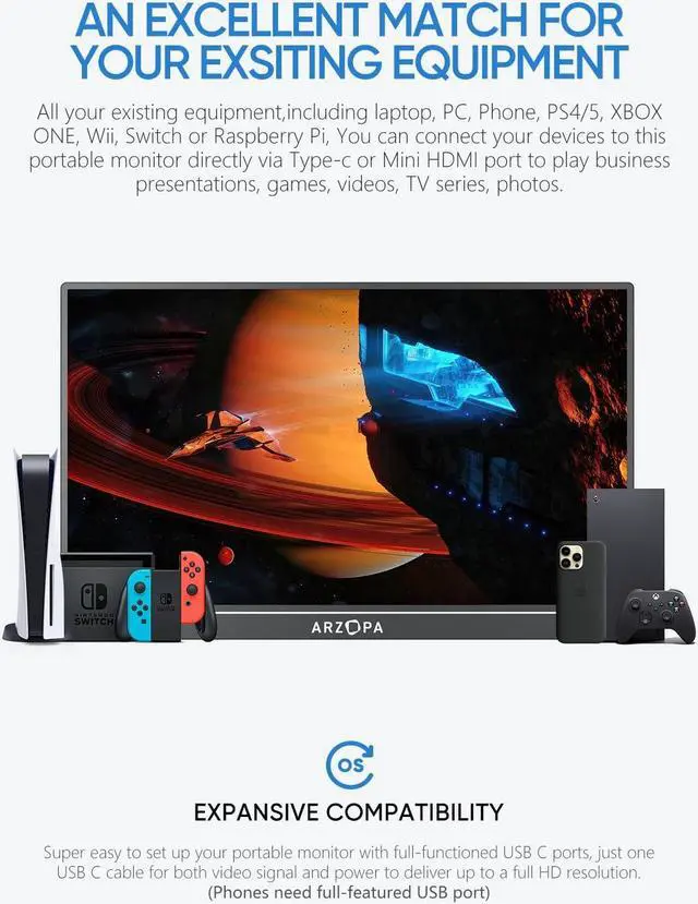 Alt view image 4 of 5 - ARZOPA Portable Monitor 17.3 Inch, 1080P FHD HDR IPS Kickstand Laptop Computer Monitor HDMI USB C External Screen with Dual Speakers for PC Mac Phone Xbox Switch PS5 -A1M