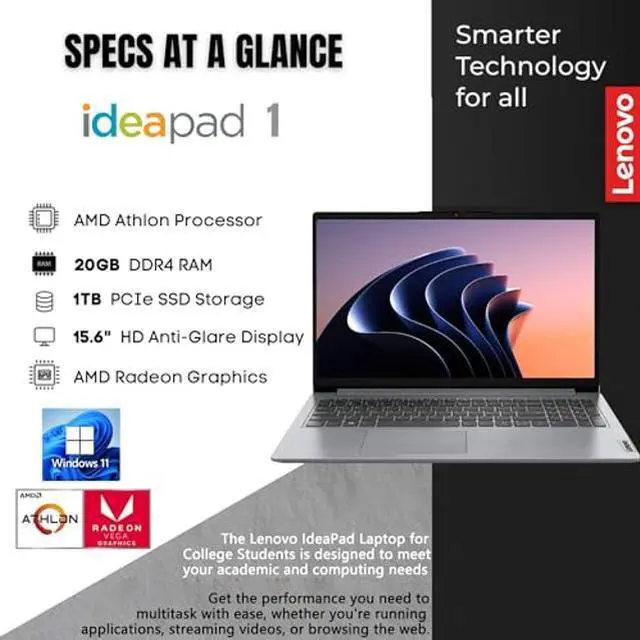 Alt view image 2 of 4 - Lenovo IdeaPad Laptop, 15.6" HD Display, AMD Athlon Silver 3050U Processor, Windows 11 Home, 20GB RAM, 1TB SSD, 128GB eMMC, Webcam, HDMI, WiFi 6, USB Type-C, Long Battery Life, PCM
