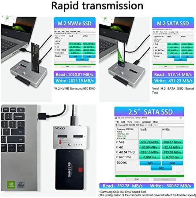 Alt view image 5 of 5 - AOKO M.2 Duplicator NVMe to SATA Docking Staion for M.2 PCIe NVMe/M.2 SATA and 2.5" /3.5" SATA SSD/HDD with Offline Cloning