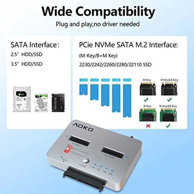 Alt view image 3 of 5 - AOKO M.2 Duplicator NVMe to SATA Docking Staion for M.2 PCIe NVMe/M.2 SATA and 2.5" /3.5" SATA SSD/HDD with Offline Cloning