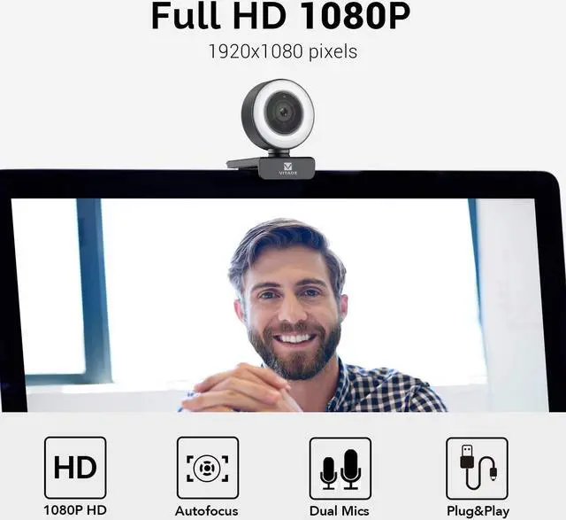 Alt view image 2 of 5 - VITADE Bundle 960A Webcam 1080P with Microphone & Ring Light (Tripod Included) 928A Webcam 1080P with Microphone & Cover (Tripod Included)