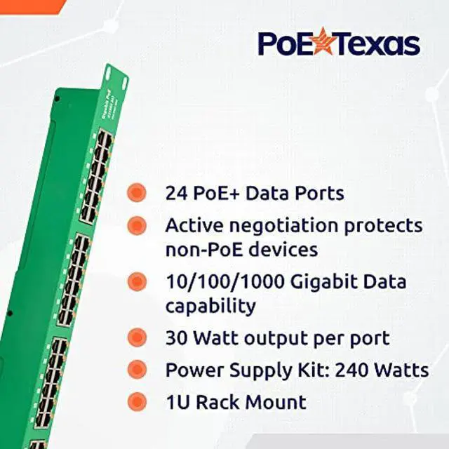 Alt view image 3 of 5 - PoE Texas 24 Multi Port IEEE 802.3at PoE+ Injector - Gigabit Data Active Power Over Ethernet for High Powered Devices, 30W PoE Injector for WiFi Access Point & More with 2X 56V 120W Power Supplies
