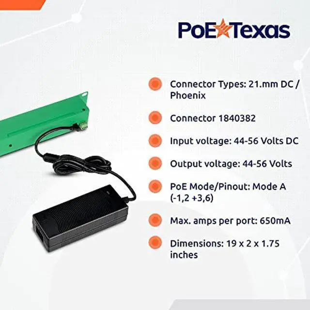Alt view image 4 of 5 - PoE Texas 24 Multi Port IEEE 802.3at PoE+ Injector - Gigabit Data Active Power Over Ethernet for High Powered Devices, 30W PoE Injector for WiFi Access Point & More with 2X 56V 120W Power Supplies