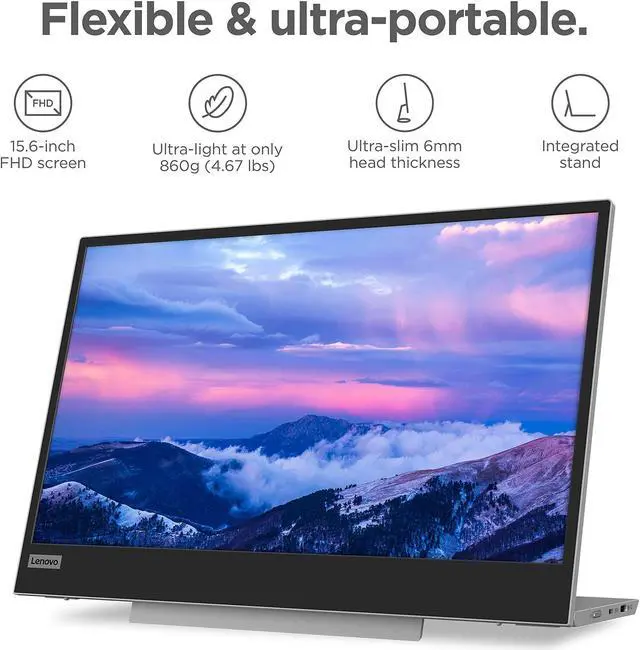 Alt view image 2 of 4 - Lenovo L15 - Mobile Monitor - 15.6" FHD Display - 60Hz - 6ms-14ms Response Time - Low Bluelight Certified - Foldable Stand - USB Type-C 3.2 Gen 1 - USB 2.0