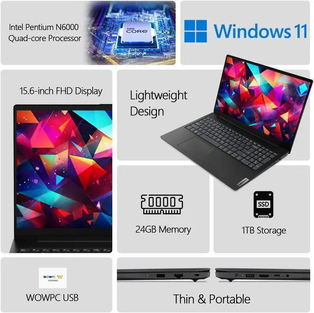 Alt view image 2 of 5 - Lenovo Newest 15.6" Laptop, Intel Pentium 4-core Processor, 24GB Memory, 1TB PCIe SSD, 15.6" FHD Anti-Glare Display, Ethernet Port, HDMI, USB-C, WiFi & Bluetooth, Webcam, Windows 11 Home