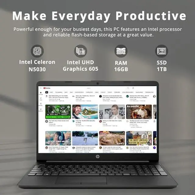 Alt view image 2 of 5 - HP 15.6" HD Student Laptop, Intel Pentium Silver N5030, 16GB RAM, 1TB PCIe SSD, Intel UHD Graphics, HD Webcam, Numpad, Wi-Fi 5, Bluetooth, Windows 11, Black, 32GB USB Card
