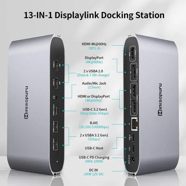 Alt view image 2 of 5 - Minisopuru Displaylink Triple Display Docking Station for MacBook M1/M2/M3/M4/Windows,DisplayLink Docking Station with 2 HDMI & 2 DisplayPort,100W Charge, USB-C Data, Ethernet, Audio,4 USBA Ports