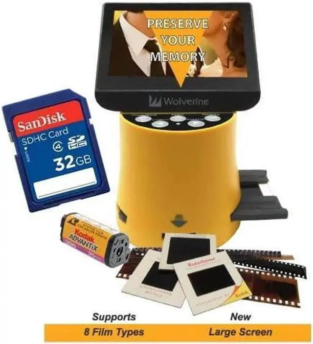 Alt view image 2 of 4 - Wolverine Titan 8-in-1 20MP High Resolution Film to Digital Converter with 4.3" Screen and HDMI Output, Worldwide Voltage 110V/240V AC Adapter & 32GB SD Card (Bundle) (Yellow)