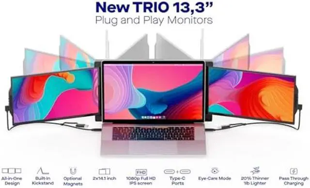 Alt view image 2 of 5 - Mobile Pixels New Trio Portable Laptop Monitor Extender, 2x13.3'' FHD 1080P Triple Monitor for Laptop, USB Type C/HDMI Plug&Play, Compatible with Mac/Windows/Android, Tri Screen for 13"-15" Laptops