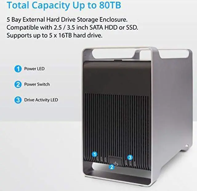 Alt view image 2 of 4 - Syba 5 Bay 2.5" and 3.5" SATA HDD External USB 3.0 / eSATA RAID Hard Drive Enclosure Support 80TB & RAID 0/1/5/10/JBOD RAID Mode SY-ENC50122