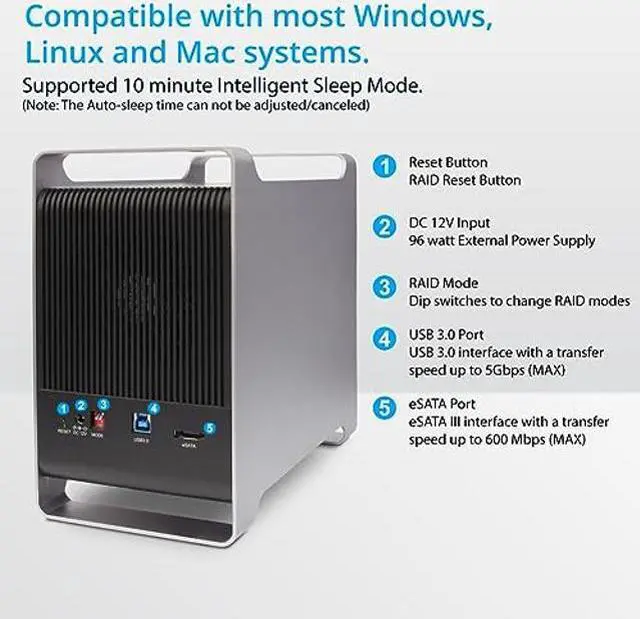 Alt view image 3 of 4 - Syba 5 Bay 2.5" and 3.5" SATA HDD External USB 3.0 / eSATA RAID Hard Drive Enclosure Support 80TB & RAID 0/1/5/10/JBOD RAID Mode SY-ENC50122