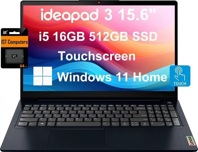Main image of Lenovo IdeaPad 3 3i Laptop (15.6" FHD Touchscreen, Intel Core i5-1155G7, 16GB RAM, 512GB SSD) Narrow Bezel, Webcam, 12-Hr Long Battery Life, Wi-Fi 6, IST SD, Win 11 Home, Business & Home, Abyss Blue