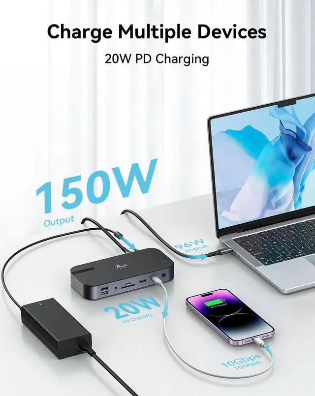 Alt view image 4 of 5 - USB C Dock Triple Monitor with Dual DisplayPort 3X 4K@60Hz, Docking Station with USB C Port to Monitor 5K@60Hz/4K@120Hz, 10Gbps USB, SD/Micro SD 4.0, RJ45, 150W Power Charger