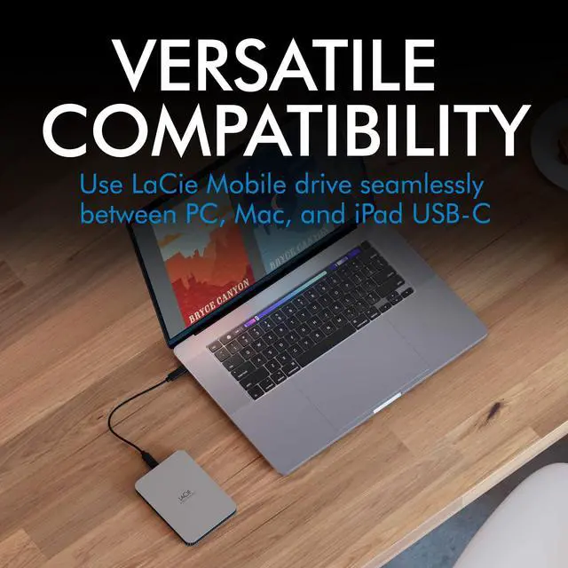Alt view image 5 of 5 - LaCie Mobile Drive, 5TB, External Hard Drive Portable - Moon Silver, USB-C 3.2, for PC and Mac, Post-Consumer Recycled, with Adobe All Apps Plan (STLP5000400)