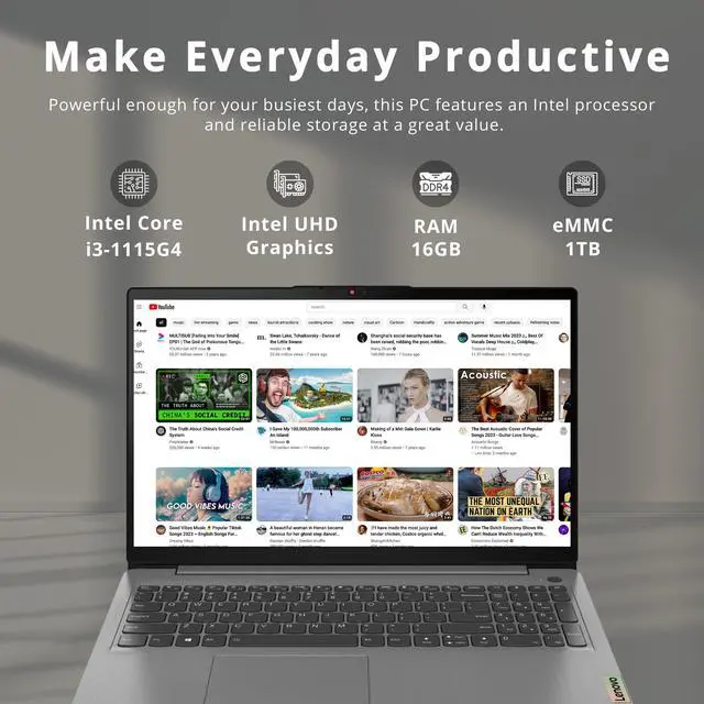 Alt view image 2 of 5 - Lenovo Ideapad 3i 15.6" FHD Touch Laptop, Intel Core i3-1115G4, 16GB RAM, 1TB PCIe SSD, Intel UHD Graphics, Numeric Keypad, 720P HD Camera, WiFi 6, Windows 11 Home, Grey, 32GB Hotface USB Card
